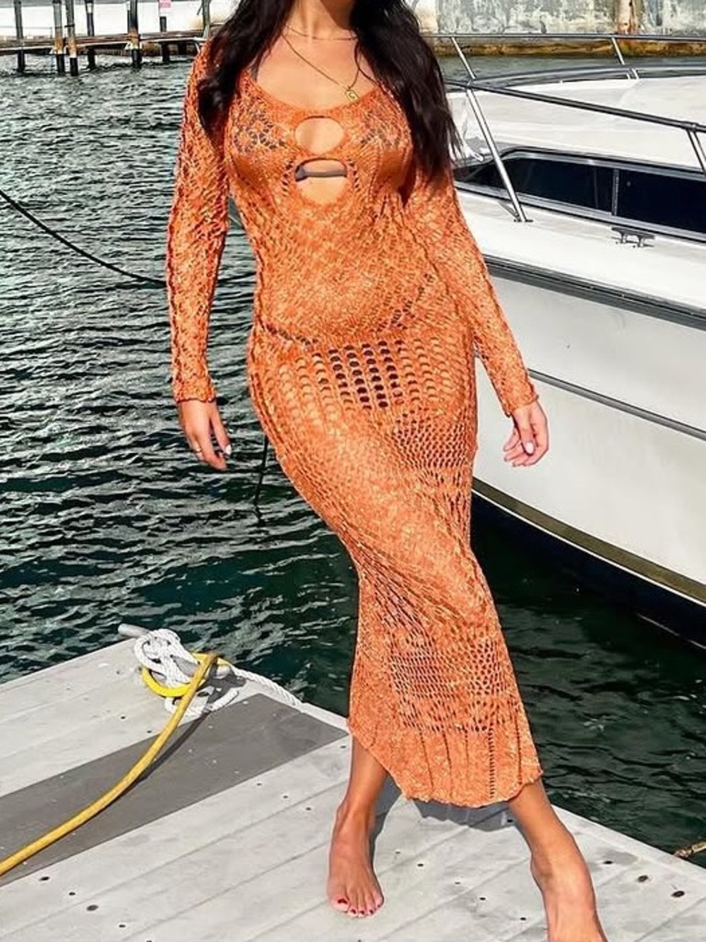 Long Orange Crochet Swim Cover-Up Dress